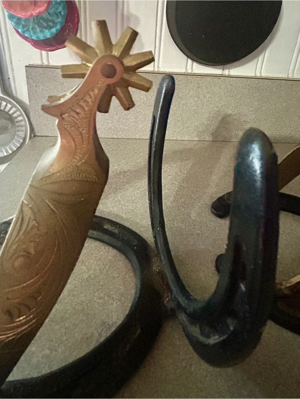 Cast Iron Horseshoe and Brass Spur Decorative Bookends - Black and Gold